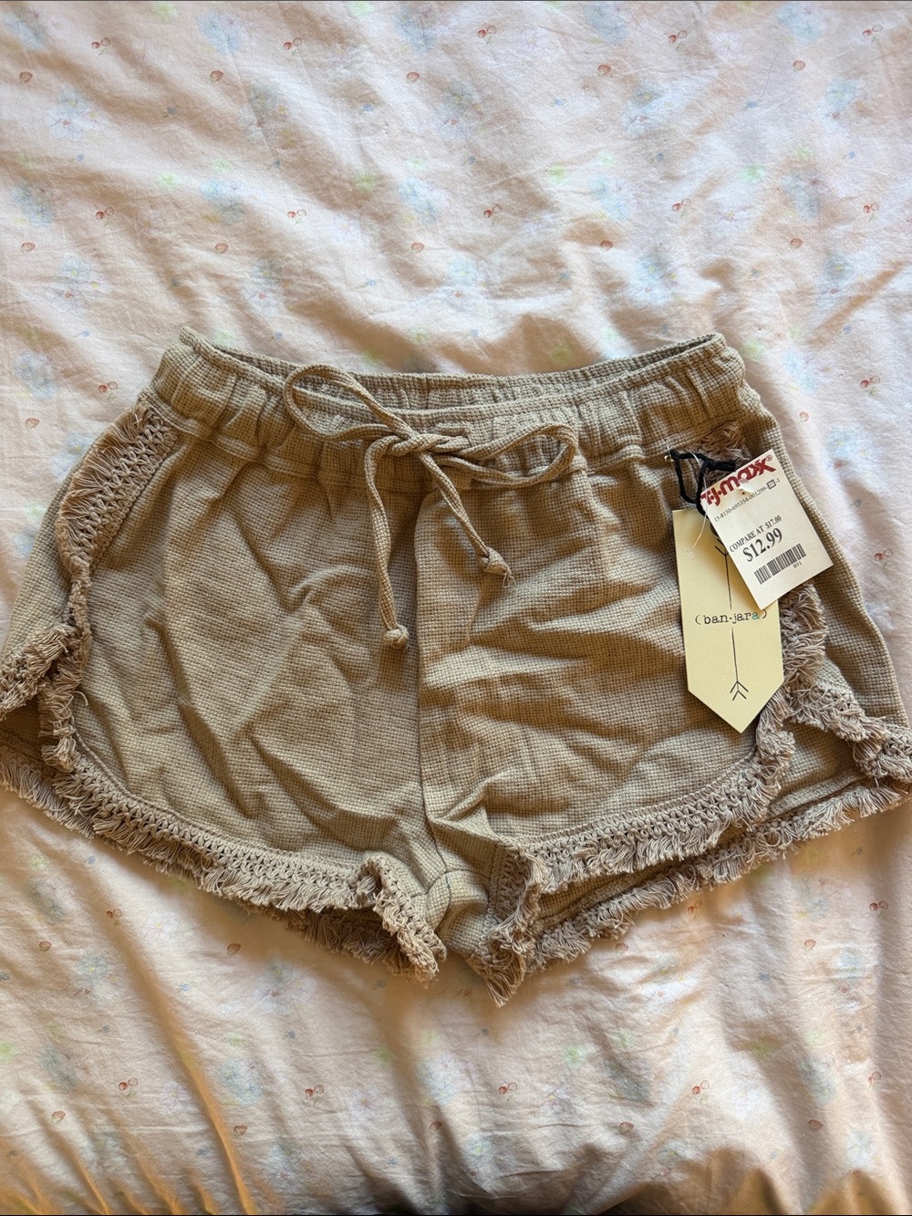 Women’s Tan Drawstring Frayed Hem Athletic Shorts